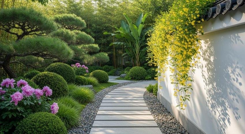 Serene Japanese Zen Garden Pathway with Lush Greenery and Flowers