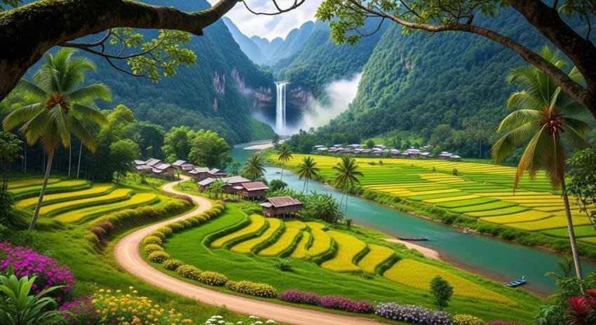 Lush Tropical Valley with Rice Terraces, River, Village and Waterfall Landscape