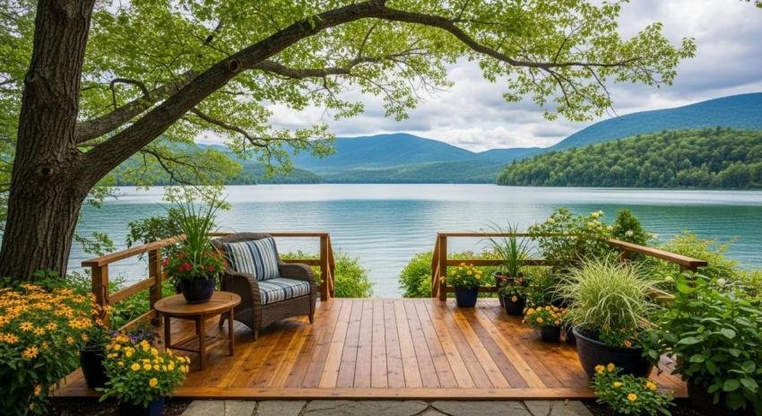 Serene Lake View Wooden Deck with Mountains and Lush Green Nature Background