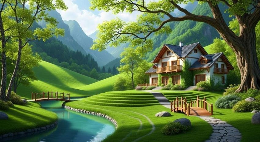 Peaceful Countryside Cottage by Stream in Lush Green Valley Landscape