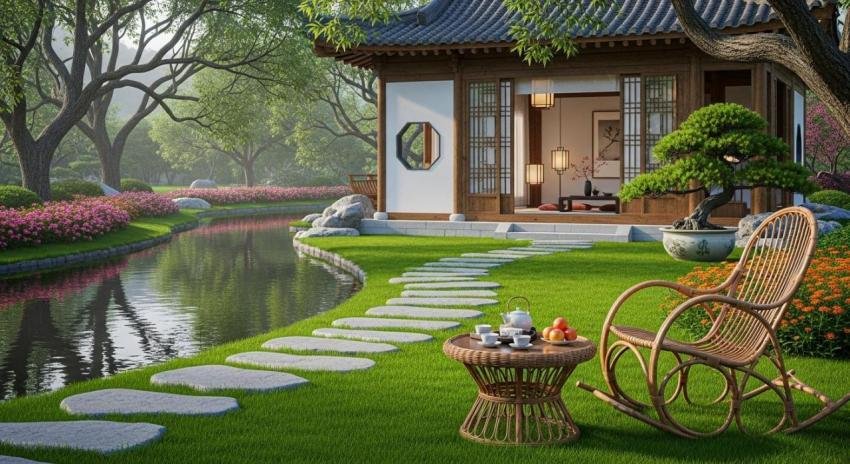 Serene Japanese Zen Garden with Traditional Tea House, Pond and Stone Pathway