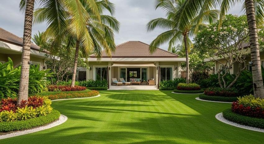 Luxury Tropical Villa with Lush Green Lawn and Palm Trees background