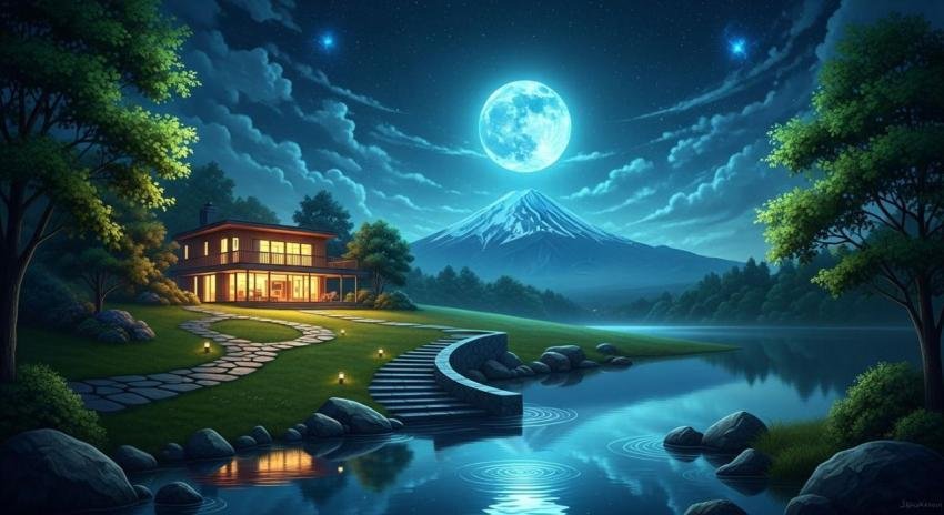 Moonlit Lake House at Night with Full Moon – Peaceful Nature Landscape
