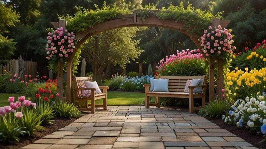 A serene garden scene with a stone pathway leading to a wooden arbor
