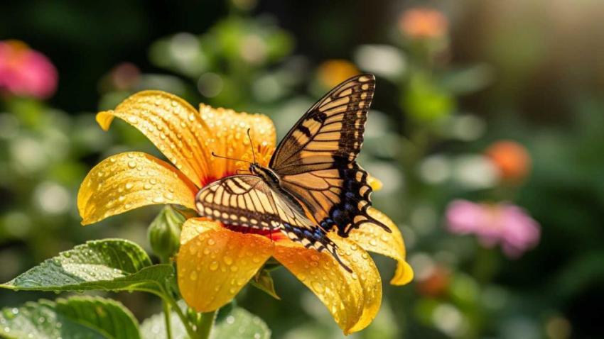 Butterfly on a blooming flower background