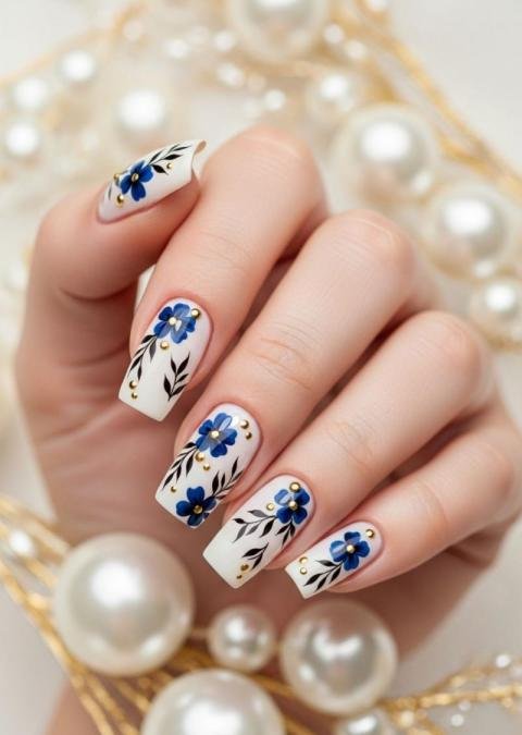 Elegant Blue Floral Nail Art with Gold Accents – Classy Manicure Design