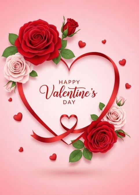 Happy Valentine’s Day with Red Roses and Heart Ribbon – Romantic Love Design