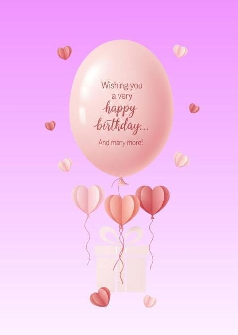 Happy Birthday Balloon Greeting with Heart Balloons on Pastel Pink Background