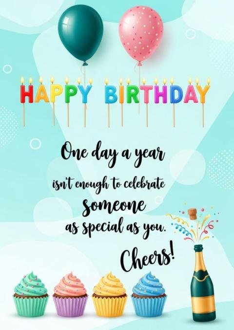 Happy Birthday Quote Card with Balloons, Cupcakes and Celebration Theme