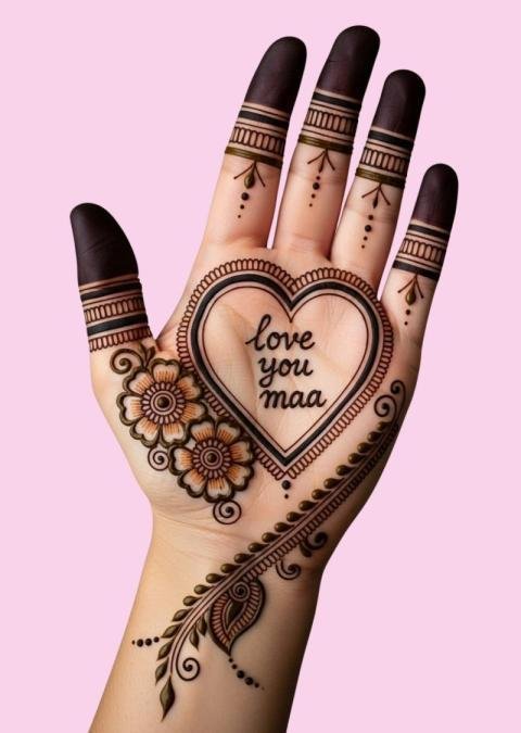Love You Maa Mehndi Design on Hand with Heart and Floral Henna Art