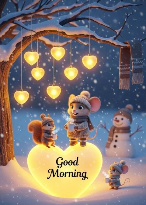 Good Morning Winter Illustration with Cute Mice, Heart Lights and Snowy Scene