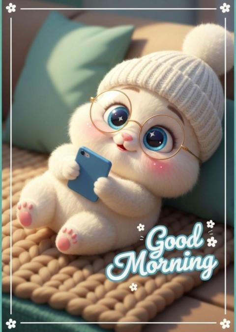 Good Morning Cute Bunny Illustration with Glasses and Smartphone