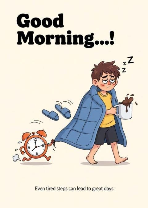 Good Morning Funny Illustration of Sleepy Boy with Coffee and Alarm Clock