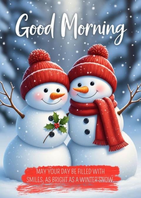 Good Morning Winter Greeting with Cute Snowmen in Snowy Forest Background