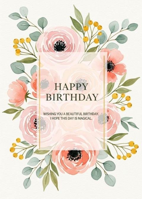Happy Birthday Floral Watercolor Card with Elegant Flowers and Soft Pastel Design