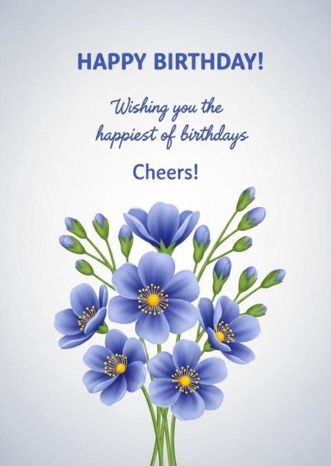 Happy Birthday Floral Greeting Card with Blue Flowers on White Background