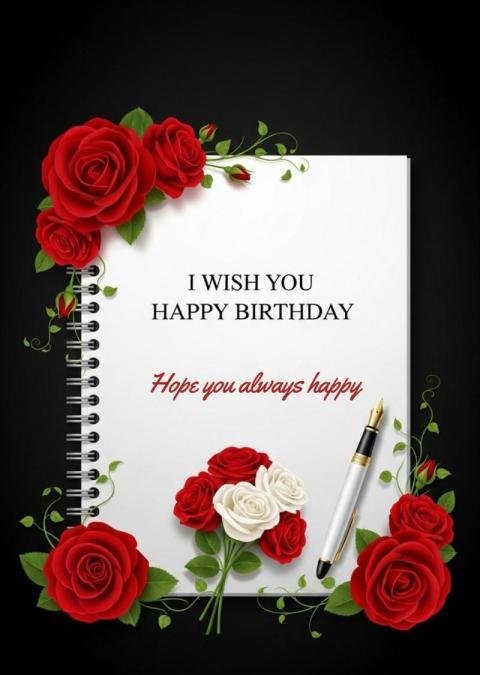 Happy Birthday Greeting Card with Red Roses, Notebook and Pen on Black Background