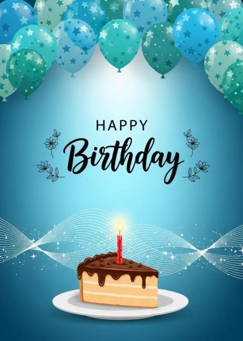 Happy Birthday wishes with Cake and Blue Balloons and Candle