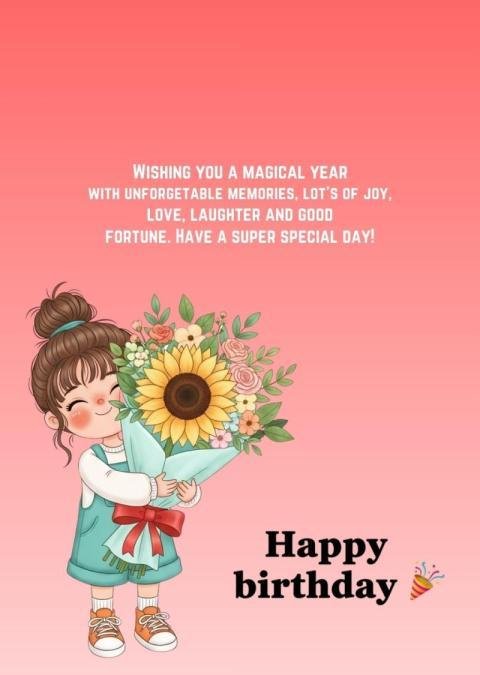 Happy Birthday WhatsApp Wishes Image with Cute Girl and Flowers