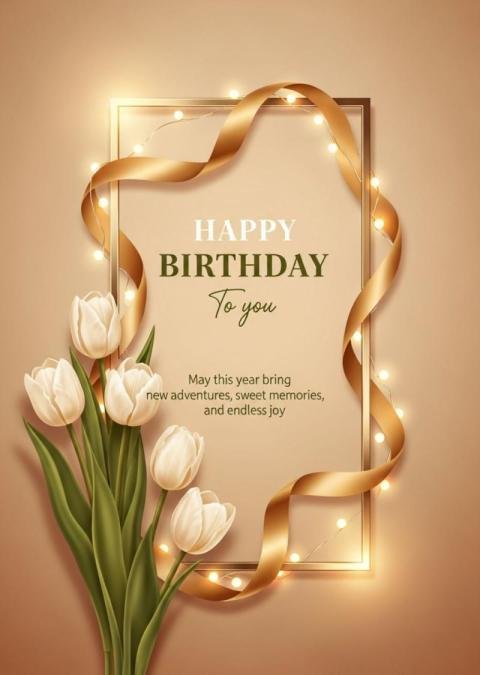 Elegant Happy Birthday Card with White Tulips, Golden Ribbon and Warm Fairy Lights