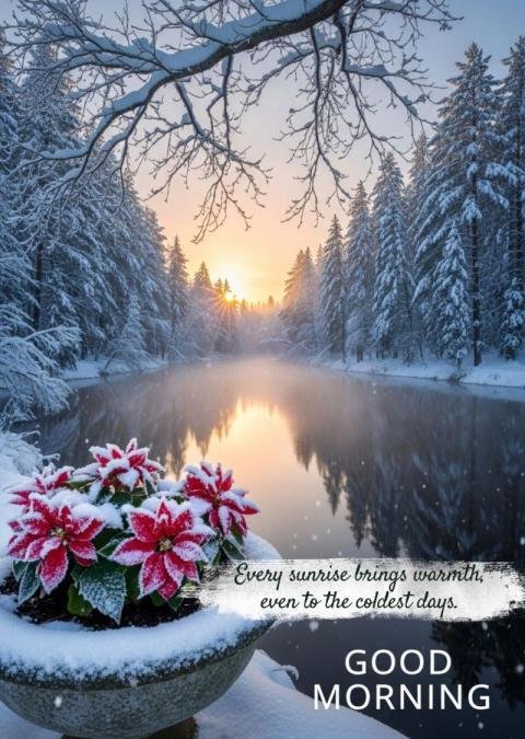 Good Morning Winter Sunrise Image with Inspirational Quote
