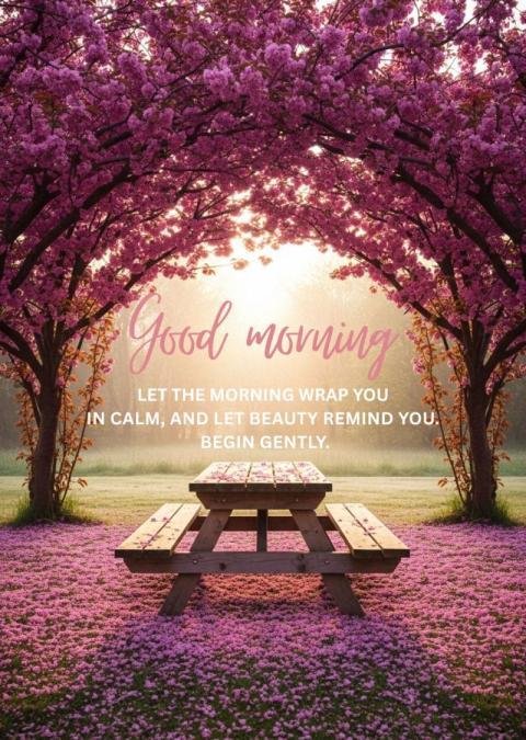 Good Morning Cherry Blossom Garden with Wooden Picnic Table