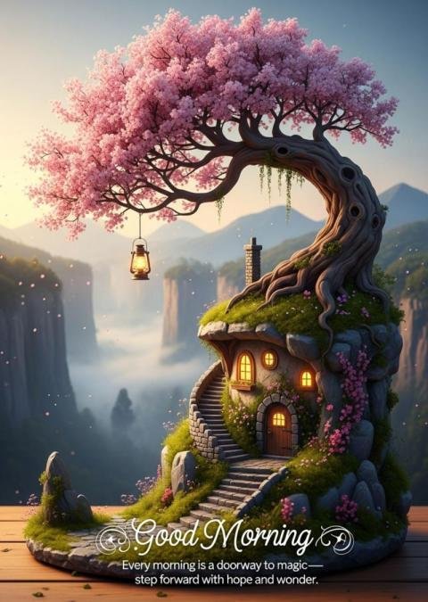 Good Morning Fantasy Tree House on Cliff with Cherry Blossoms