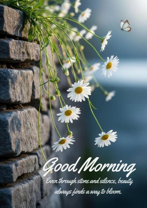 Good Morning Daisy Flowers on Stone Wall with Inspirational Quote