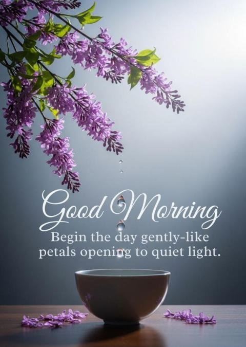 Good Morning Lilac Flowers with Water Drops and Peaceful Inspirational Quote