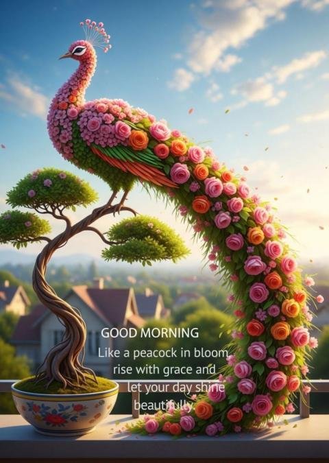 Good Morning Floral Peacock Art with Roses and Inspirational Quote