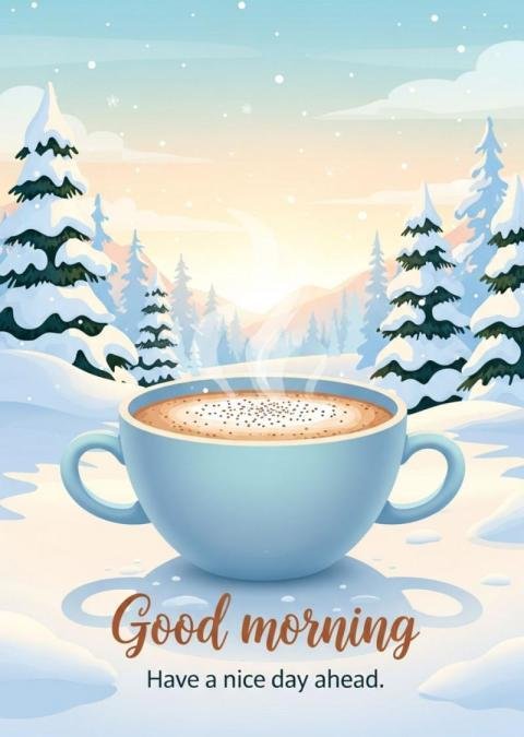 Good Morning Winter Coffee Illustration with Snowy Landscape and Warm Wishes