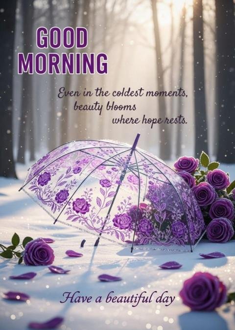 Good Morning Winter Roses with Purple Floral Umbrella and Inspirational Quote