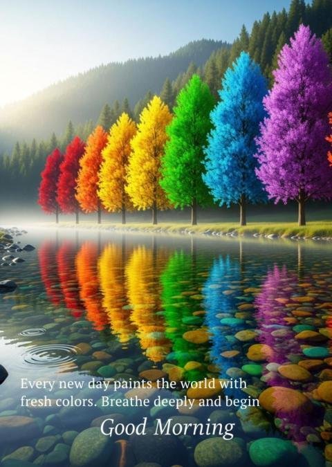 Good Morning Rainbow Trees Reflection on Lake with Inspirational Quote