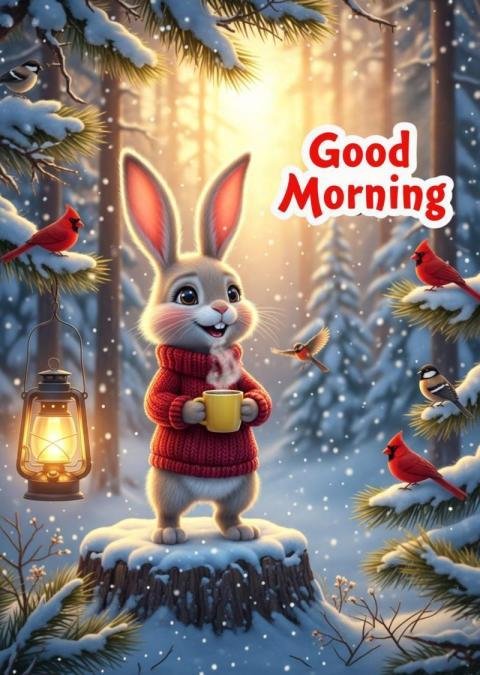 Good Morning Winter Bunny with Coffee – Cute Cozy Snowy Forest Illustration