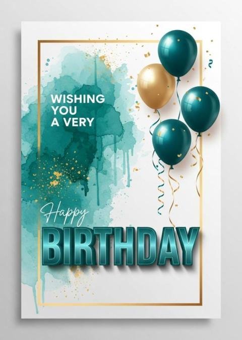 Happy Birthday Card Design with Teal Balloons and Gold Accents