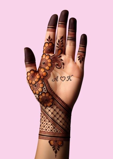 Floral Mehndi Design on Hand – Elegant Bridal Henna Art with Initials