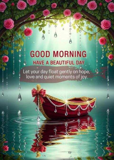 Good Morning Have a Beautiful Day – Elegant Boat and Roses Nature Greeting