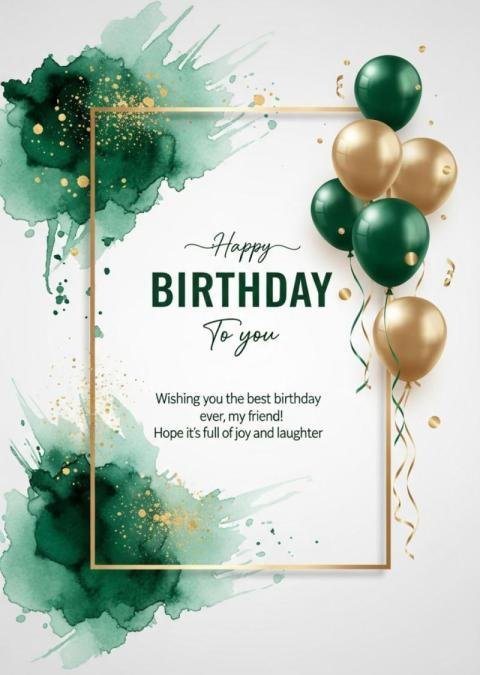 Elegant Happy Birthday Wishes Image with Green & Gold Balloons