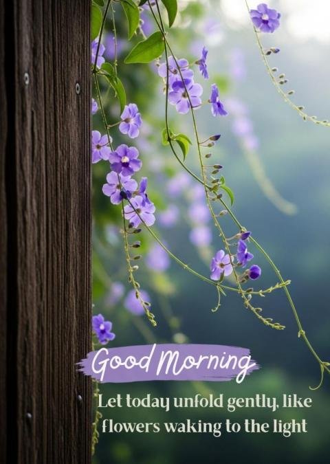 Good Morning Floral Image with Purple Flowers and Gentle Inspirational Quote