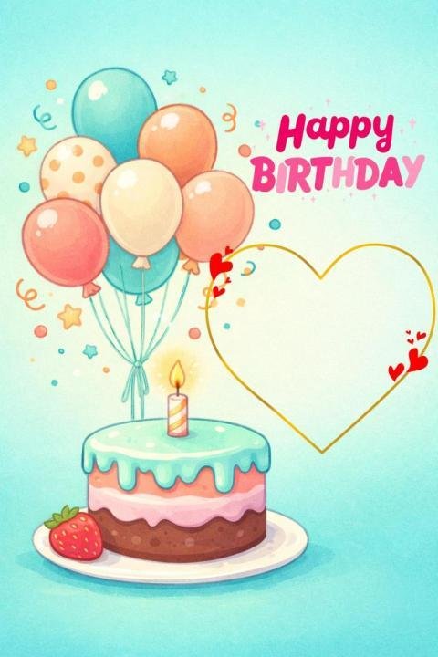 Cute Happy Birthday Image with Cake, Balloons and Heart Frame