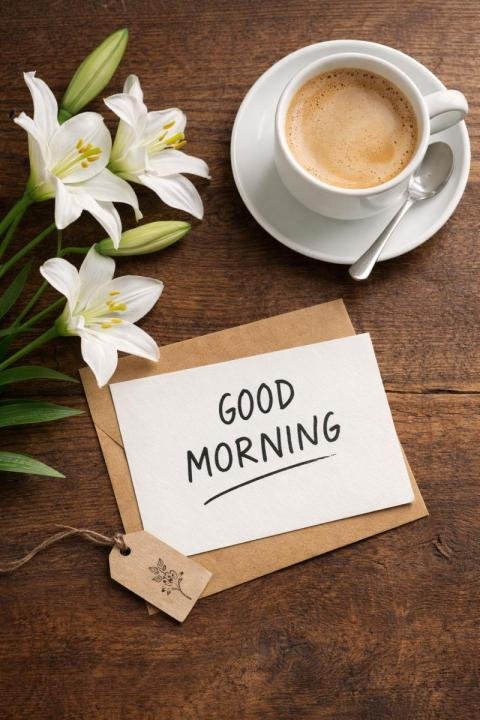 Good morning coffee with white lily flowers