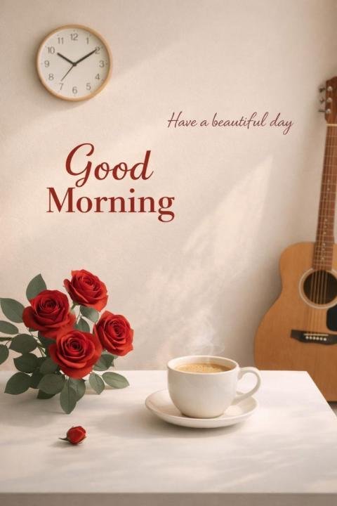 Good morning coffee with roses and guitar