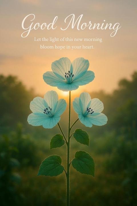 Good Morning Floral Sunrise with Blue Flowers and Inspirational Quote