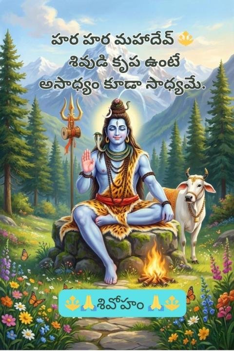 Har Har Mahadev Lord Shiva Blessing Image with Telugu Devotional Quote