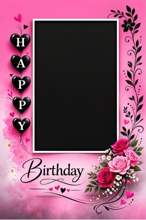 Happy Birthday Pink Floral Photo Frame Template with Roses and Hearts