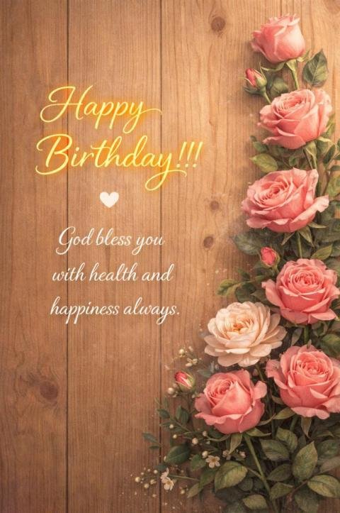 Happy Birthday Wishes Image with Roses and Wooden Background