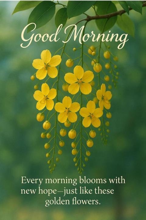 Good Morning Greeting with Golden Yellow Flowers and Inspirational Quote