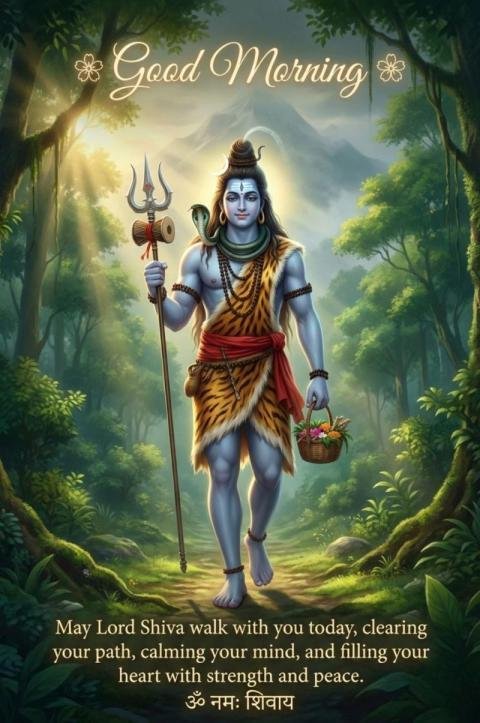 Good Morning Lord Shiva Spiritual Blessing Illustration in Serene Forest Landscape