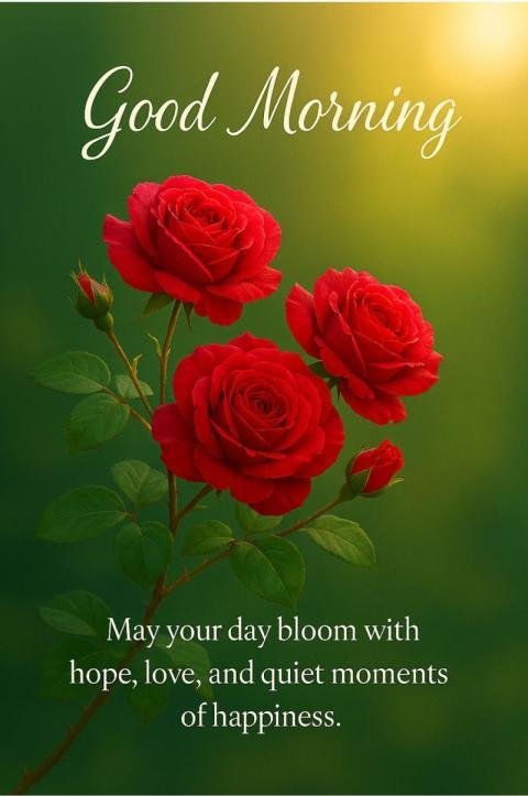 Good Morning Greeting with Red Roses and Inspirational Quote on Green Background