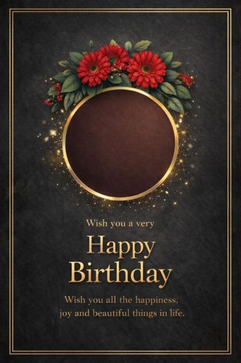 Luxury Black and Gold Happy Birthday Card with Red Floral Frame